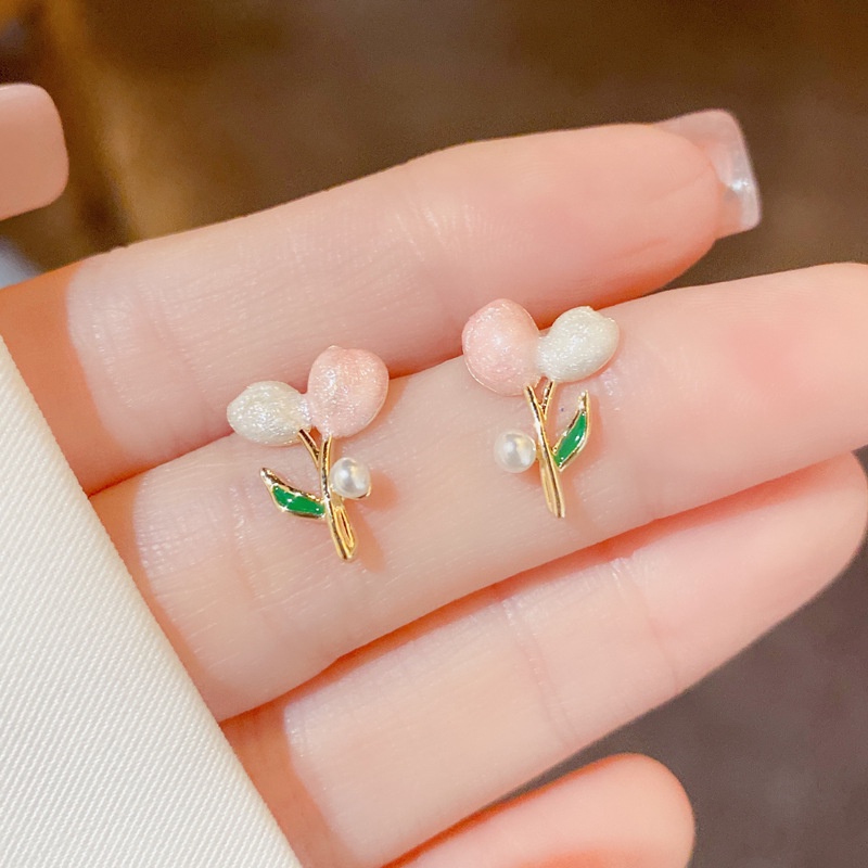 Bông Tai Hoa Tulip Màu Hồng Đính Ngọc Trai Thời Trang 2022