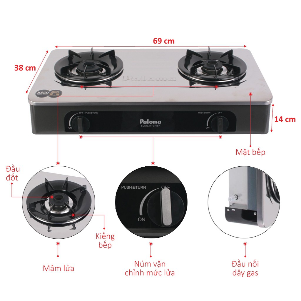 Bếp gas dương Paloma PA-V72SB - Màu đen, kích thước 690x384x136mm