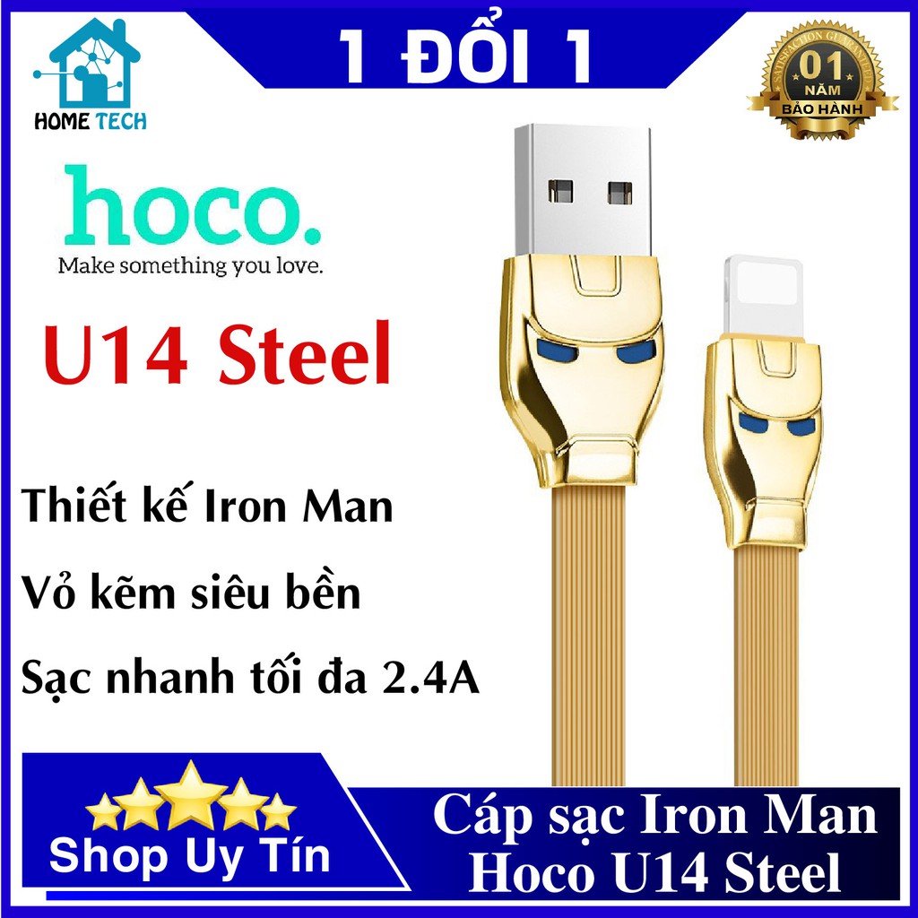 Cáp sạc Iphone HOCO U14 Steel Iron Man, dây dẹt 1.2M, có đèn báo LED xanh | USB to Lightning