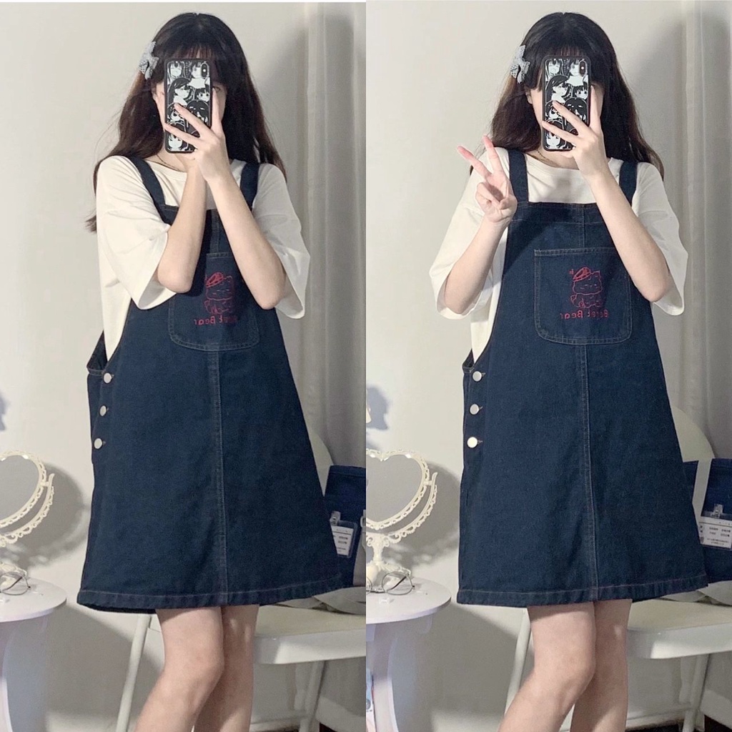 Đầm Yếm Denim Dáng Rộng Phong Cách Thời Trang Hàn Quốc Dành Cho Nữ