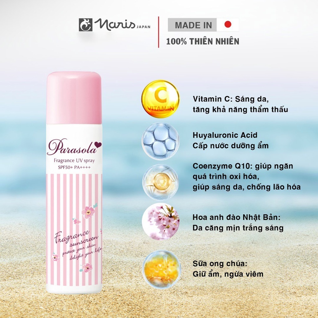 Xịt chống nắng Parasola Fragance, chống nắng mặt và cơ thể, dưỡng da mịn màng UV Cut Spray SPF 50 50g