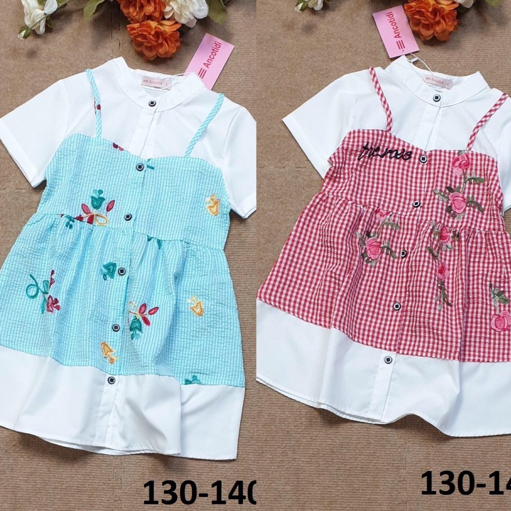 SIZE 2-13 (11-37kg) ĐẦM BÉ GÁI GIẢ YẾM CARO CỔ LÃNH TỤ TAY NGẮN THÊU HOA HIỆU ANCOTIDI