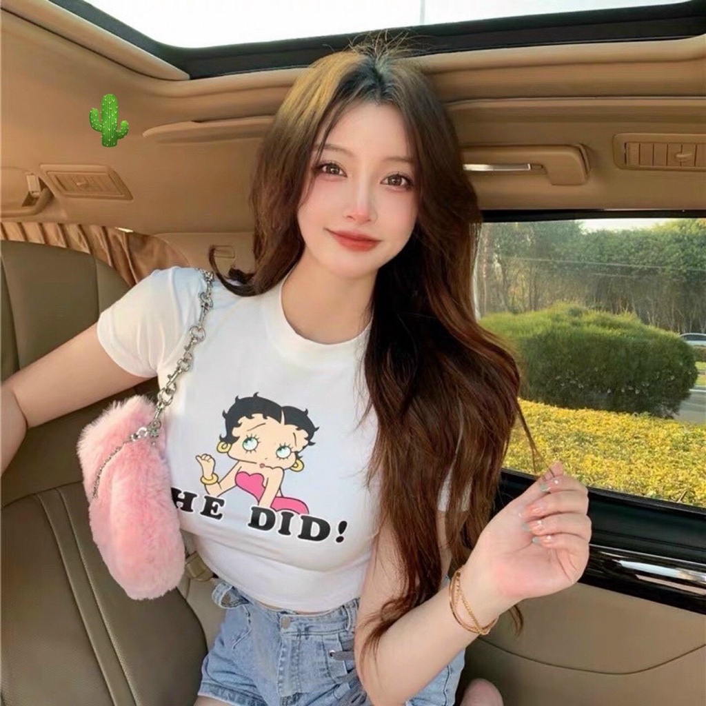 Áo thun nữ croptop ôm body tay ngắn in hình hoạt hình đơn giản match đồ đơn giản cực cuốn hút PC156