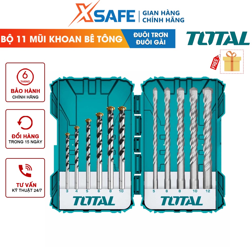 Bộ 11 mũi khoan bê tông đuôi trơn và đuôi gài TOTAL TACSDL31101 kích thước 3, 4, 5, 6, 8, 10,12mm - chính hãng