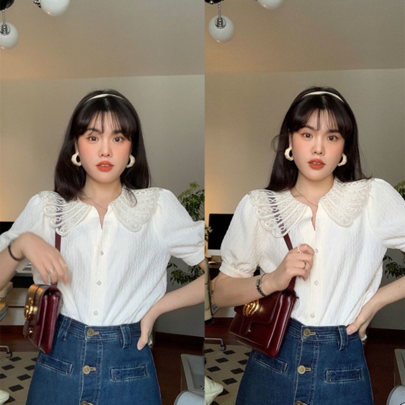 Áo Tay Ngắn Phối Ren Hoa Thiết Kế Hợp Thời Trang