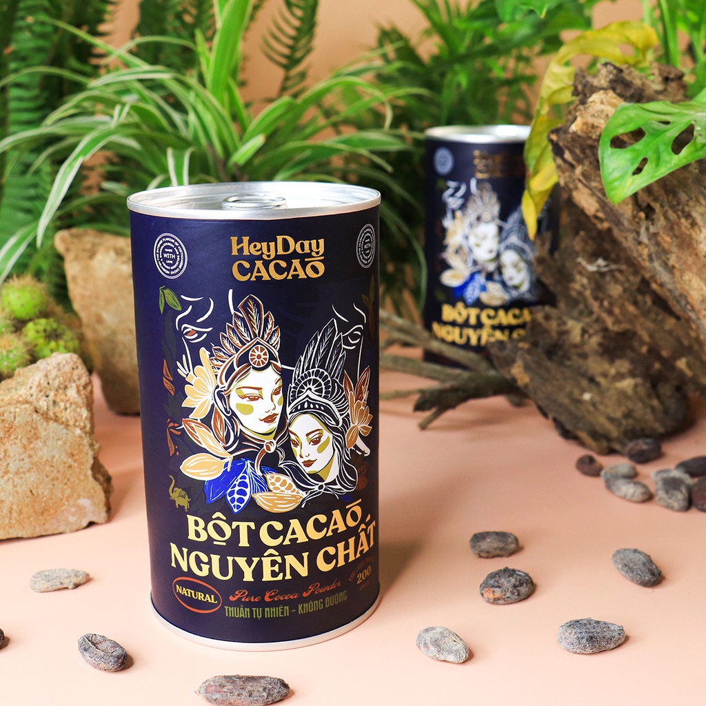 Bột Cacao Nguyên Chất 100% - Dòng Natural Không Kiềm Hóa - Lon 200g - Heyday Cacao