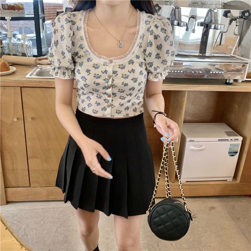 Áo Len Tăm Gân Tay Ngắn Phồng Hở Rốn In Họa Tiết Hoa Nhí Xinh Xắn Thời Trang Kiểu Pháp Cho Nữ | BigBuy360 - bigbuy360.vn