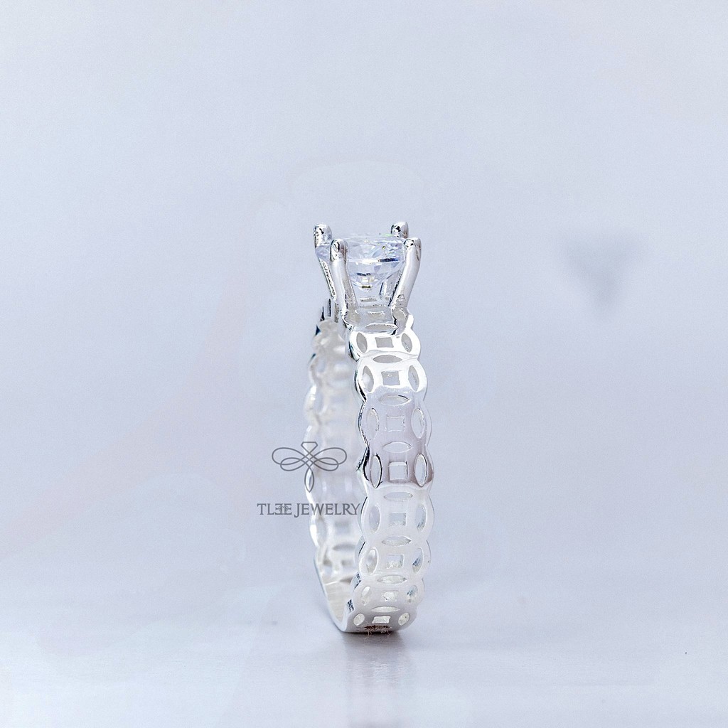 Nhẫn bạc nữ Tlee, nhẫn kim tiền trụ đá bốn chấu tài lộc- TleeSilver