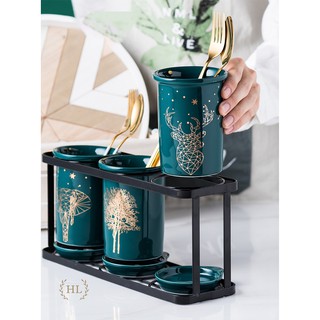 3 GIỎ SỨ XANH NGỌC BÍCH CẮM ĐŨA_THÌA CÓ THOÁT NƯỚC VÀ KHAY HỨNG KHUNG HỢP KIM CAO CẤP PHONG CÁCH BẮC ÂU