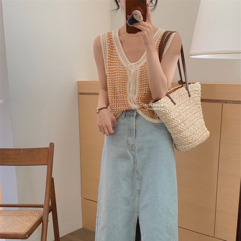 Áo dệt kim SUXI sát nách cổ chữ V màu tương phản phong cách Hàn Quốc thời trang hè cho nữ