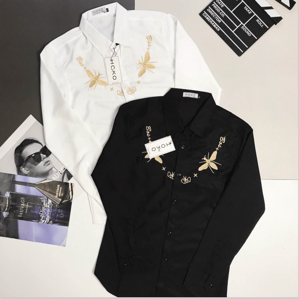 ÁO SƠ MI NAM DÀI TAY , IN THÊU CỰC ĐẸP , FORM ÁO CHUẨN ĐẸP CHO CÁC AE HK