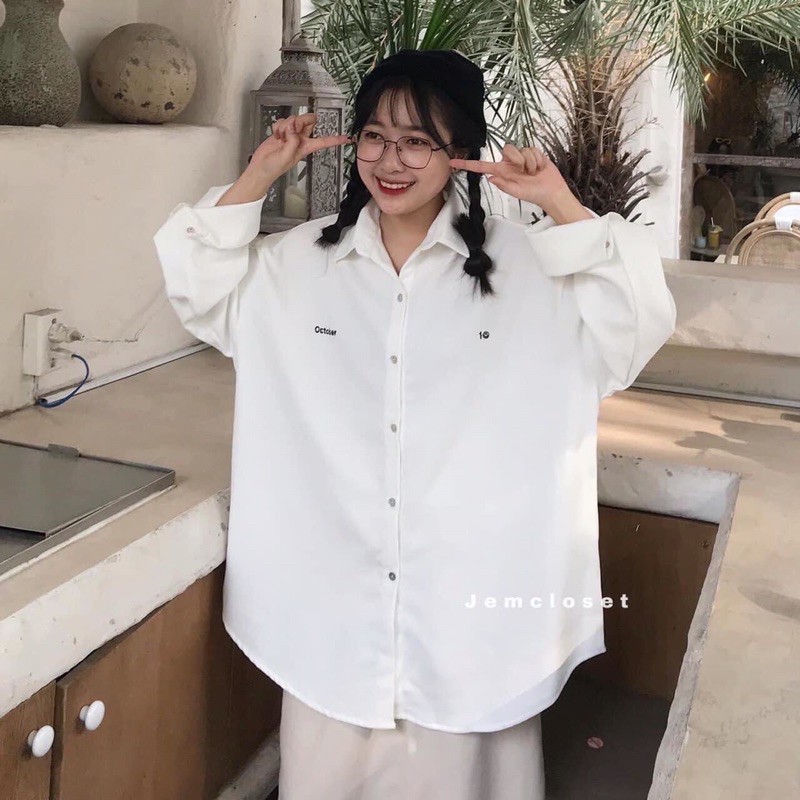 Sơmi thêu chữ 2 màu đen/ trắng chất cực mát