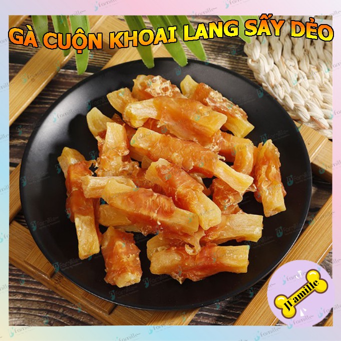 [DẺO-NGON]Gà Cuộn Khoai Lang Sấy Dẻo, Khoai Dẻo - Gà Dai, Snack- Bánh Thưởng Cao Cấp Cho Cún Cưng. Gói 100Gr - JF92