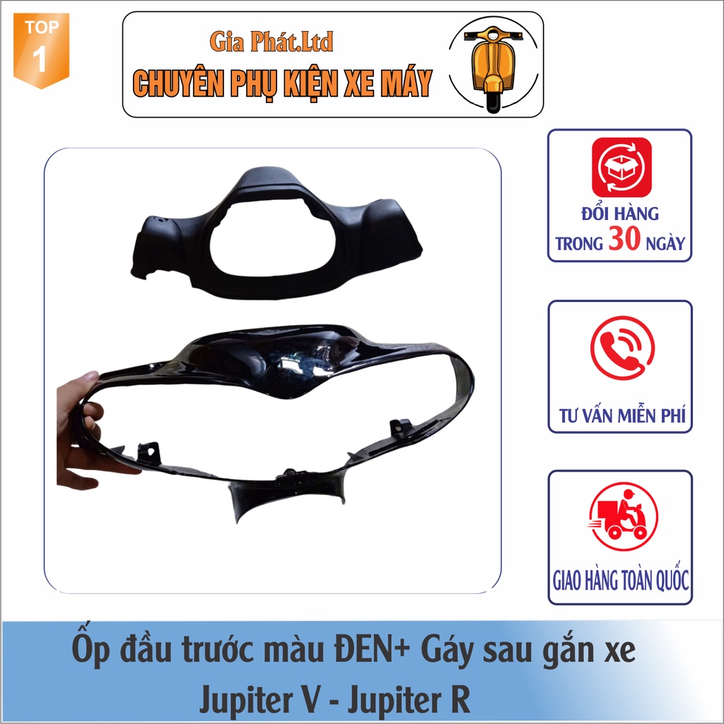 Combo ốp đầu đèn xe JUPITER V, JUPITER R màu ĐEN đầy đủ 3 món: ốp đầu, gáy đen và pha đèn kèm bóng