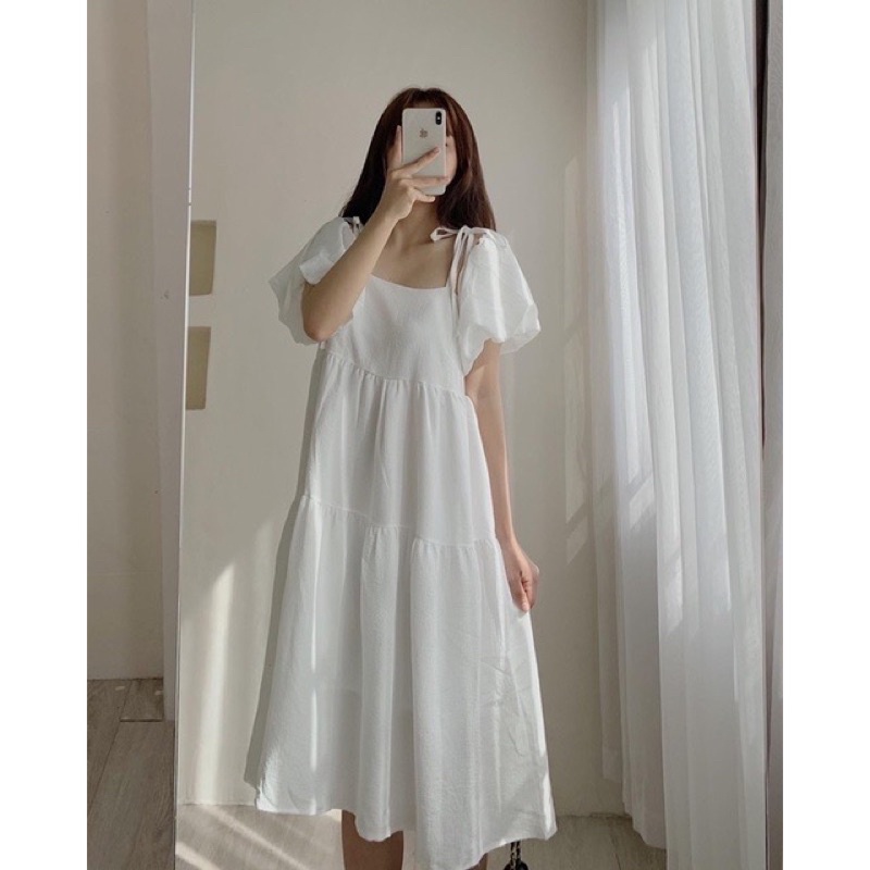 Váy 2 Dây Buộc Vai Kèm Ống Tay Tháo Rời Dáng Xoè Cực Xinh