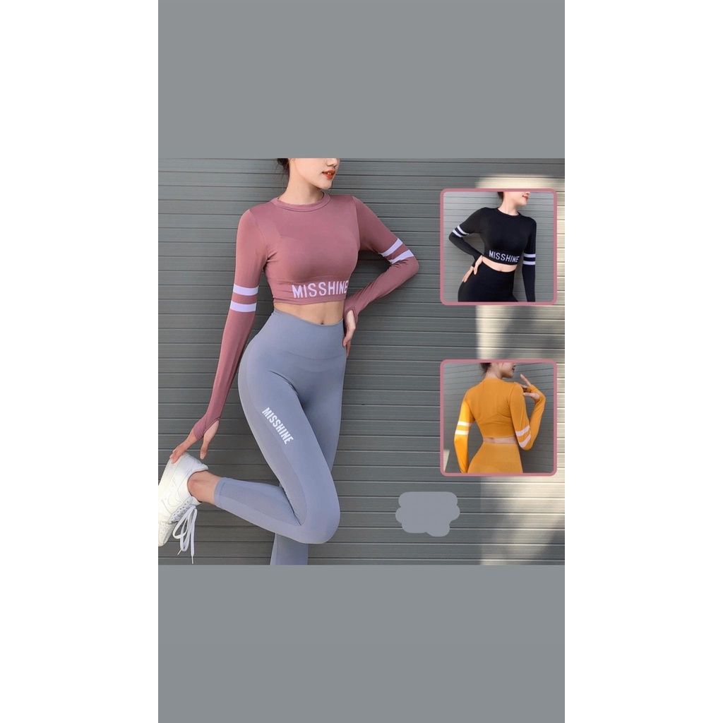 Đồ tập gym nữ MISSHINE quần LỬNG áo CROPTOP tay dài, chất dệt kim co giãn tốt, nâng mông ôm body tập Gym Yoga