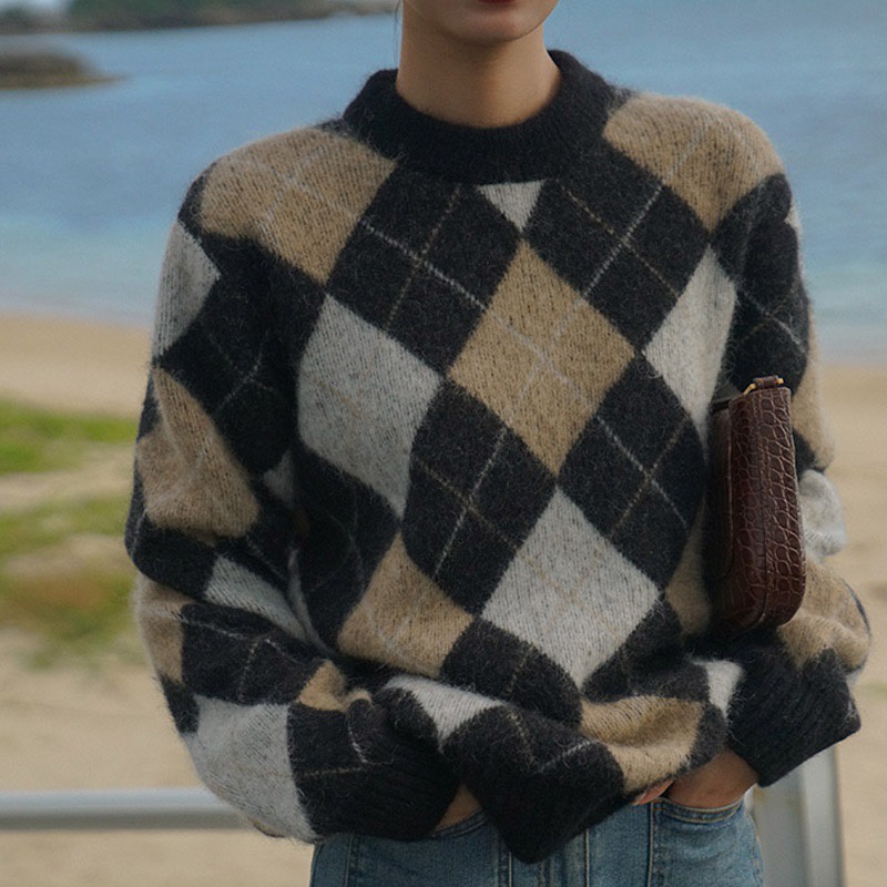 Áo cardigan khoác len quả trám WANAWEAR cadigan sweater đôi nam nữ họa tiết kẻ cổ điển vintage màu nâu đen