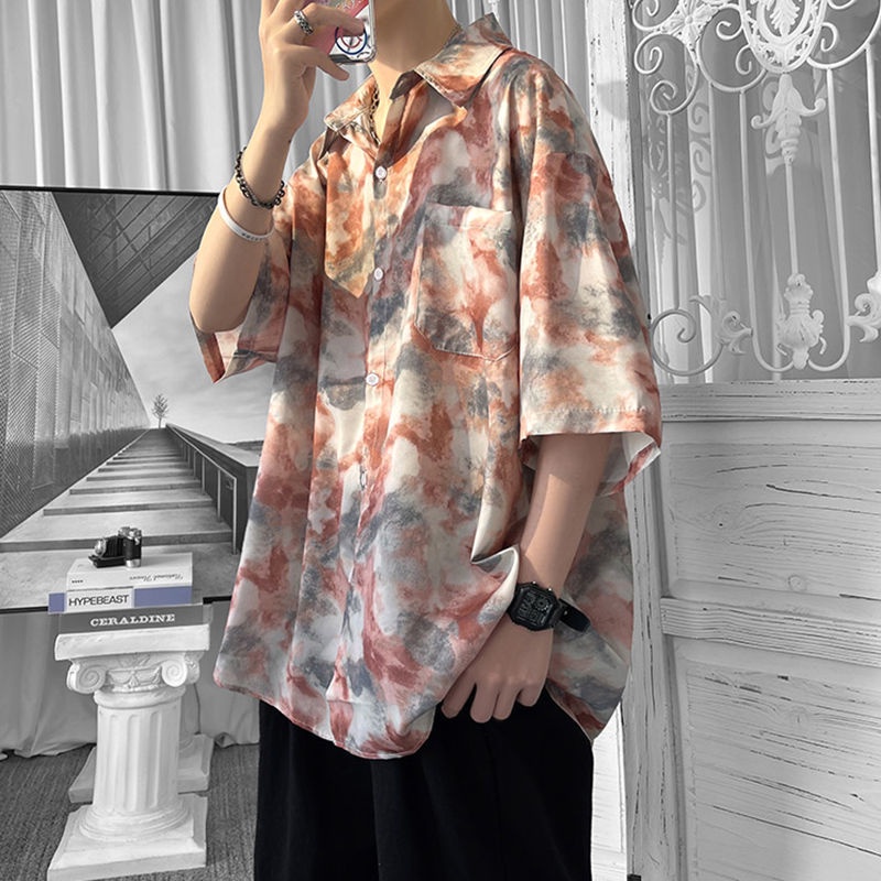 Áo sơ mi ngắn tay dáng rộng phối màu nhuộm kiểu vintage cá tính cho nam