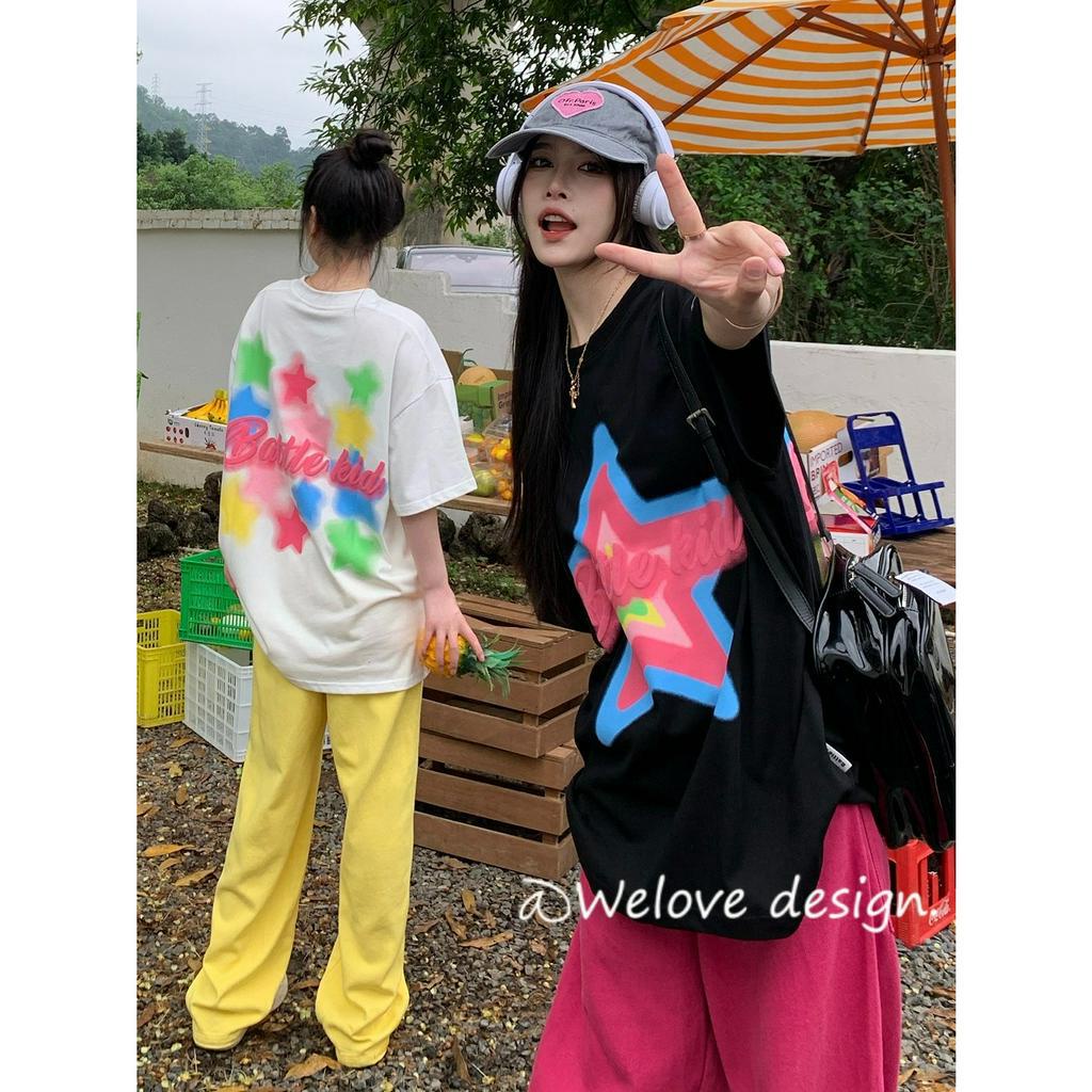 「 WELOVE1 」Áo Thun cotton Tay Ngắn Dáng Rộng In Họa Tiết Thời Trang Mùa Hè