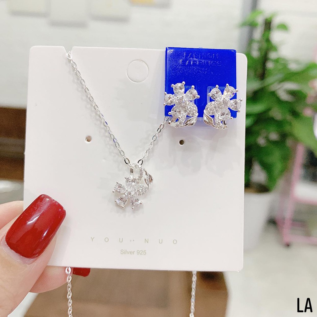 Sét bộ trang sức bạc đẹp giá rẻ cho phái nữ, thiết kế sang chảnh, xinh xắn,gồm dây chuyền, bông tai