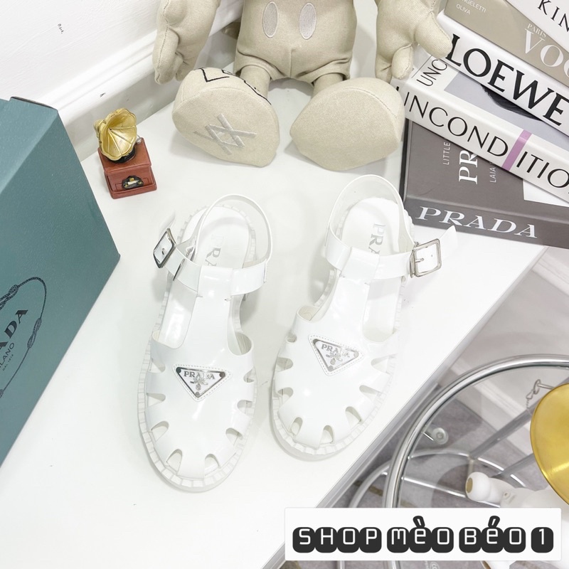 Sandal prd giọ da bóng gót vuông fullbox