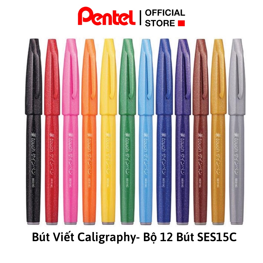 Bộ 12 Bút Viết Thư Pháp Pentel Calligraphy 2020 - SES15C | 12 Màu Cơ bản Và  12 Màu Pastel |