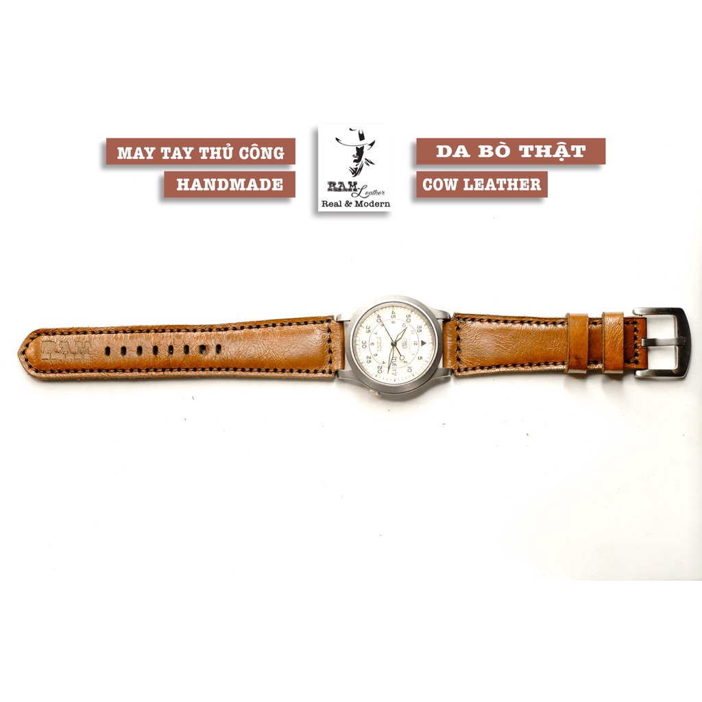 Dây đồng hồ RAM Leather 1980 cho CASIO 1200, AE 1200, 1300, 1100, A159 , A168 , Size 18 da bò nâu sáng