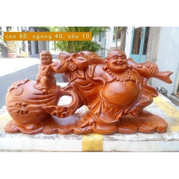 Tượng gỗ hương di lặc kéo bị tiền ngang 40cm