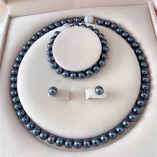 Bộ trang sức vòng cổ,vòng tay, khuyên tai NGỌC TRAI nhân tạo, Khóa Bạc 925 cao cấp Phú Quốc - Xanh Đen