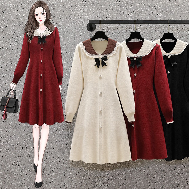 BIGSIZE nữ Đầm len dệt kim dáng xoè Dài Tay cổ bèo Mùa Thu - Váy Phong cách Hàn Quốc Thời Trang Đẹp Cá Tính