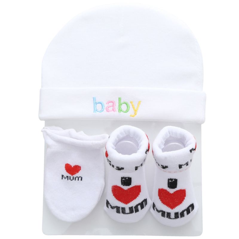 Bộ 3 Món Vớ + Nón + Găng Tay Bằng Cotton In Họa Tiết Hoạt Hình Dễ Thương Cho Bé Sơ Sinh