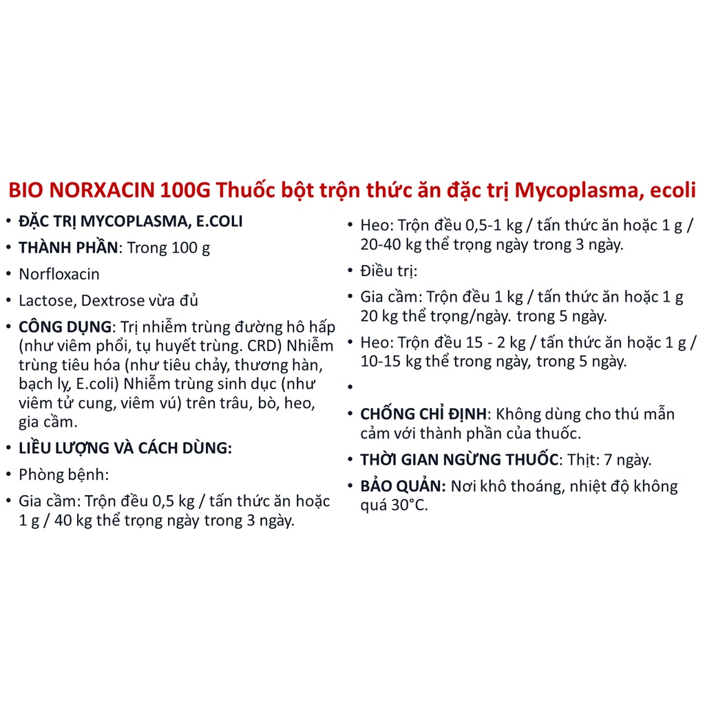 BIO NORXACIN 100G chuyên MYCOPLASMA E.COLI trên heo gia cầm