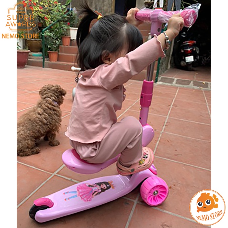 Xe scooter cho bé trượt chòi chân 3 bánh phát sáng gấp gọn có ghế ngồi SC084