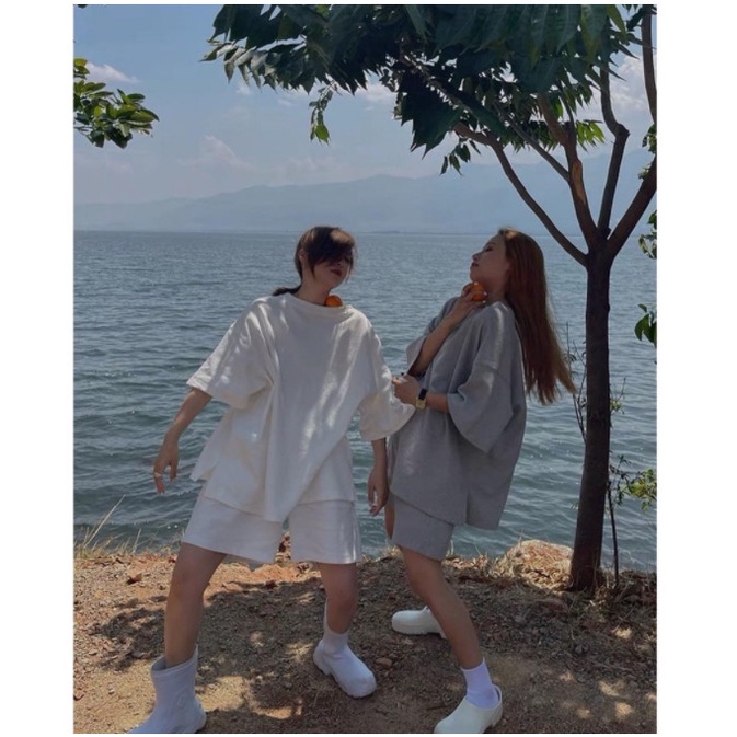 Bộ cộc tay quần short đùi form rộng set nữ thun xốp phong cách unisex màu trơn mặc thoải mái lên dáng xinh