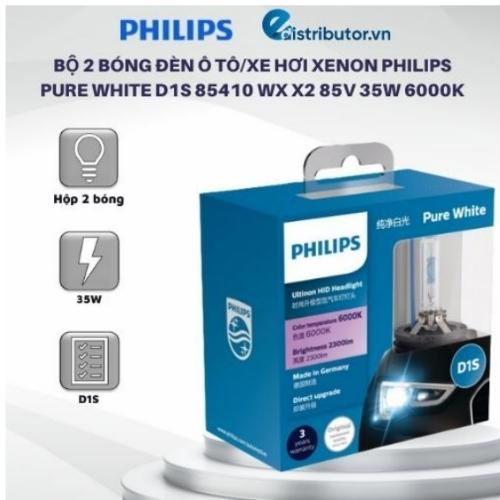 Bộ 2 Bóng đèn Ô tô/Xe hơi Xenon Philips PURE WHITE D1S 85410 WX X2 85V 35W 6000K - Hàng Chính Hãng