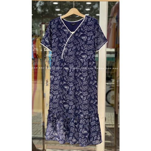 [HANNA] Đầm bầu công sở voan mát mùa hè dài qua gối  có size 40-80kg vải 2 lớp mềm mát không nhăn có túi bên sườn