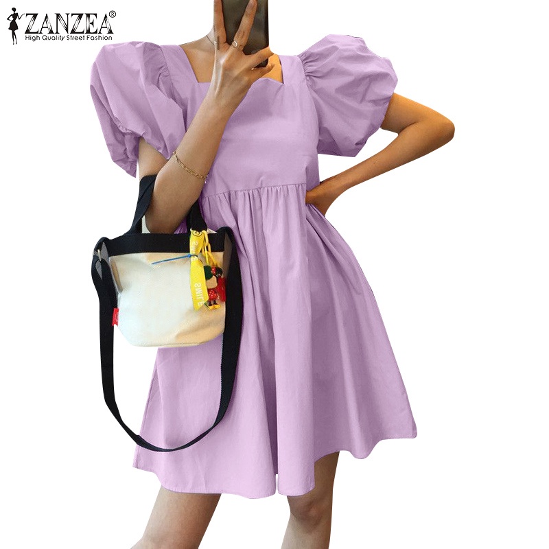 Đầm ZANZEA dáng chữ A tay phồng phong cách Hàn Quốc thời trang cho nữ