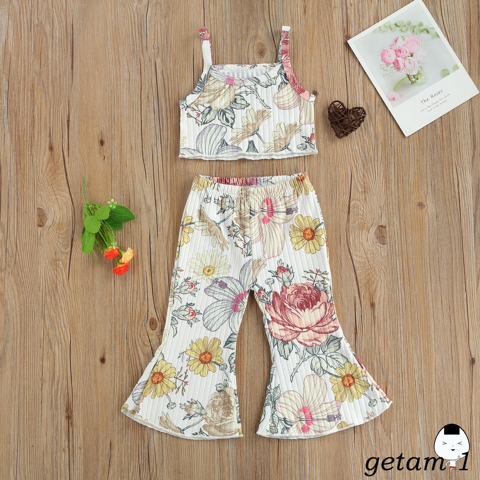 Set Áo Croptop Sát Nách In Hoa + Quần Ống Loe Thời Trang Cho Bé Gái