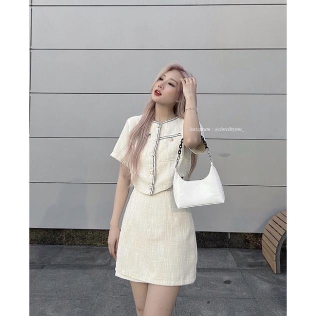 Set áp croptop dạ viền đen 2 túi kèm chân váy đắp