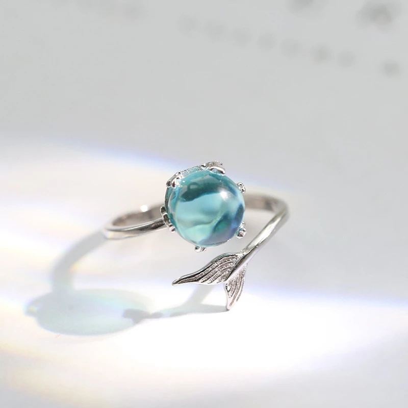 Nhẫn Hở Tùy Chỉnh Mặt Hình Đuôi Nàng Tiên Cá Đính Đá Pha Lê Xanh Dương Thời Trang Sáng Tạo Dành Cho Nữ/ Quý Cô
