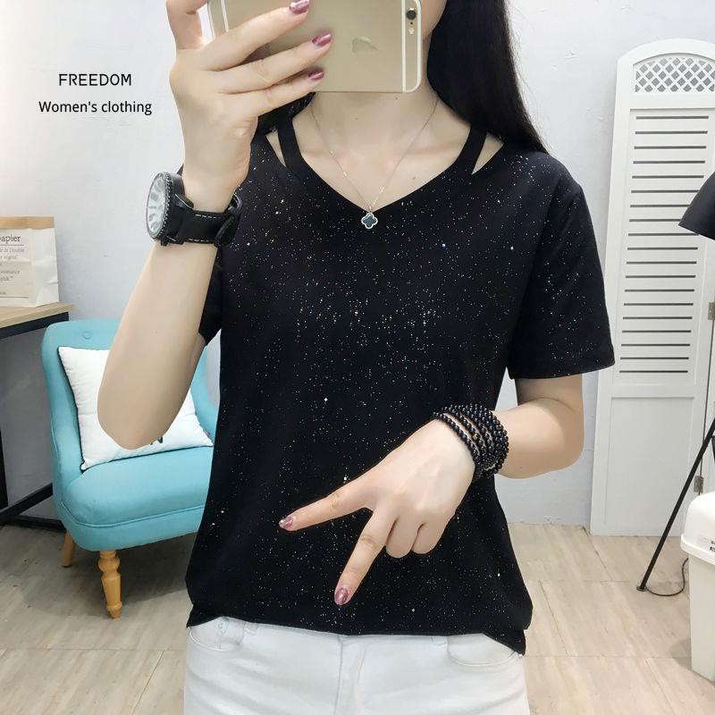 FREEDOM  2021 new summer casual thin v- áo sơ mi cổ trụ nữ size lớn thun ngắn tay quần rộng rãi Thời trang