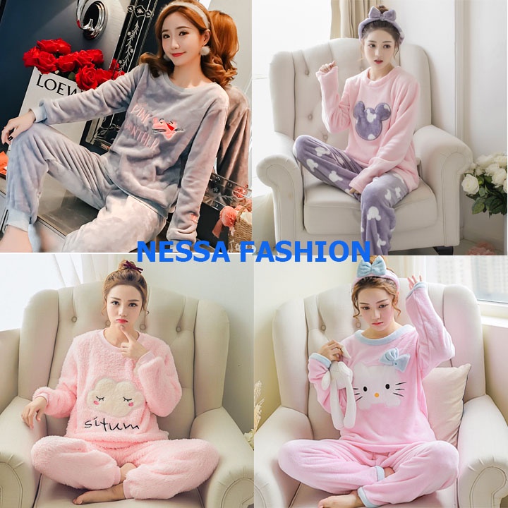 Bộ Đồ Ngủ Nữ - Pijama Quần Áo Mặc Ở Nhà Dài Tay Vải Nhung Lông Bông Giữ Nhiệt Mùa Đông Xuân Thu Dễ Thương Ảnh Thật Video