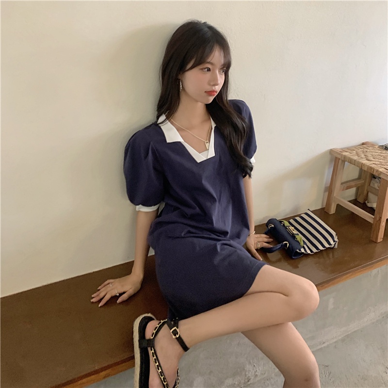 Đầm Polo Cổ Vuông Phối Màu Vai Bồng 🦋 Váy Nữ Dáng Suông Cộc Tay Màu Đen 🦋 | BigBuy360 - bigbuy360.vn