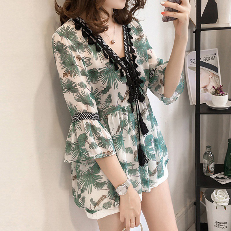 Women Fashion Long Sleeve Shirt V-Neck Loose Floral Chiffon Tops Dress