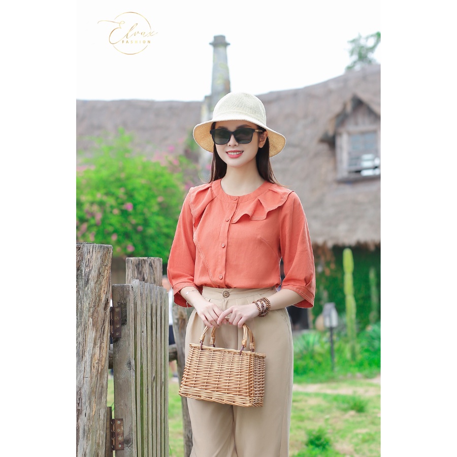 Set Đồ Nữ ELVAX Áo Sơ Mi Tay Lỡ Màu Cam Cổ Tròn Bèo Nhún, Quần Ống Suông Chất Liệu Linen Gân Xước