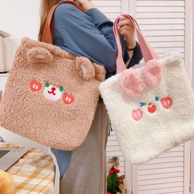 Túi Tote Đeo Vai / Xách Tay Bằng Vải Bông Hình Thỏ / Gấu Hoạt Hình Sức Chứa Lớn Cho Nữ