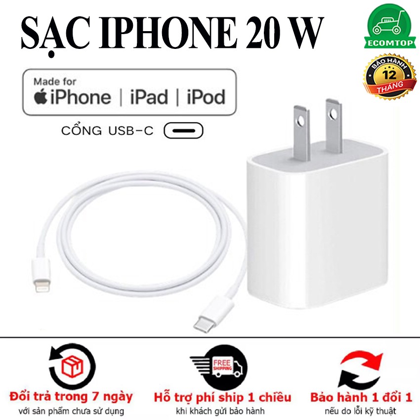 Bộ sạc 20W cho Iphone, Dây sạc cổng Lingtning, bảo hành 1 năm, dùng cho IP 6 trở lên, an toàn và bền lâu