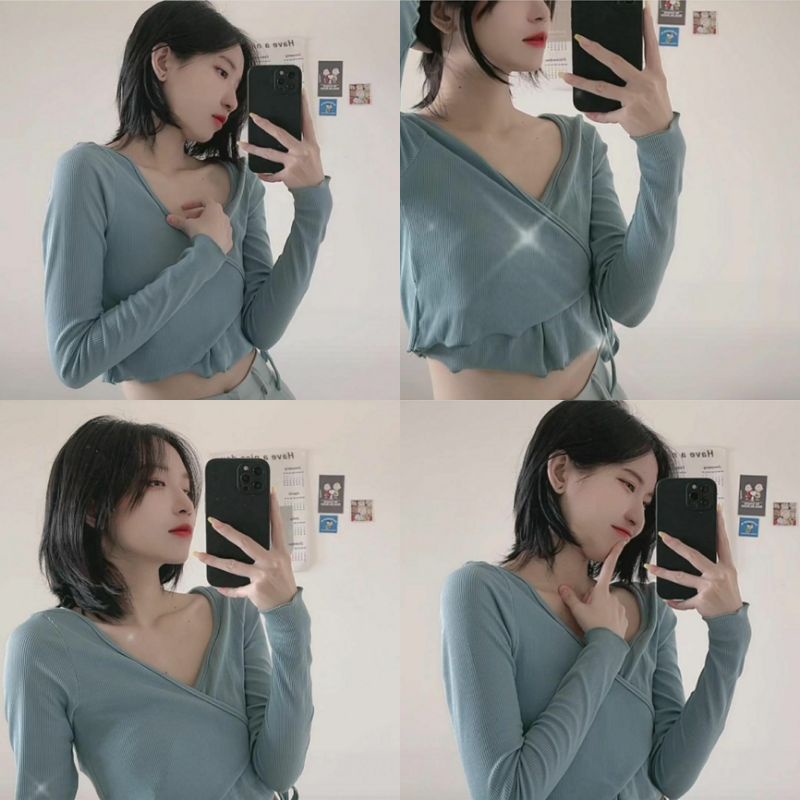 [Corn9] Áo Croptop Đắp Chéo thắt dây eo Cuốn biên