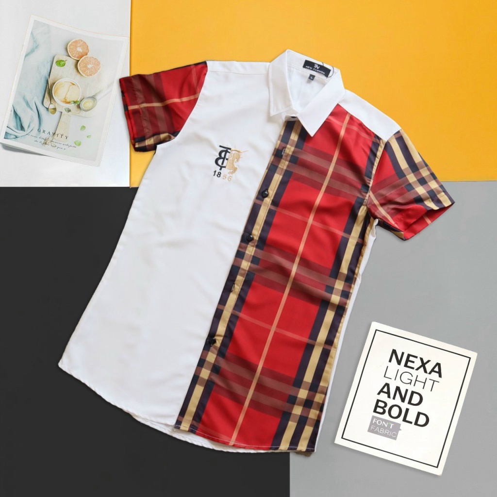 Áo Sơ Mi Nam Tay Ngắn Phối Nửa Sọc Caro 4 màu Logo Thêu Nổi Vải Lụa Ép Nhiệt 3D Phong Cách Thời Trang Mới [NEW UNISEX]