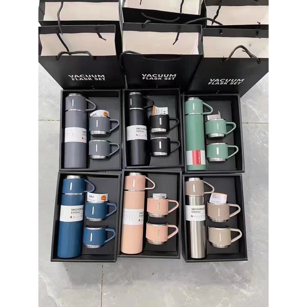 Bình giữ nhiệt sét 1 bình to 2 cốc nhỏ inox cao cấp kèm hộp đựng sang trọng có thể làm quà tặng